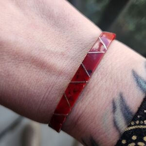 Handmade Sterling Silver 925 Mexico Red Jasper Inlay Hinge Bangle Bracelet